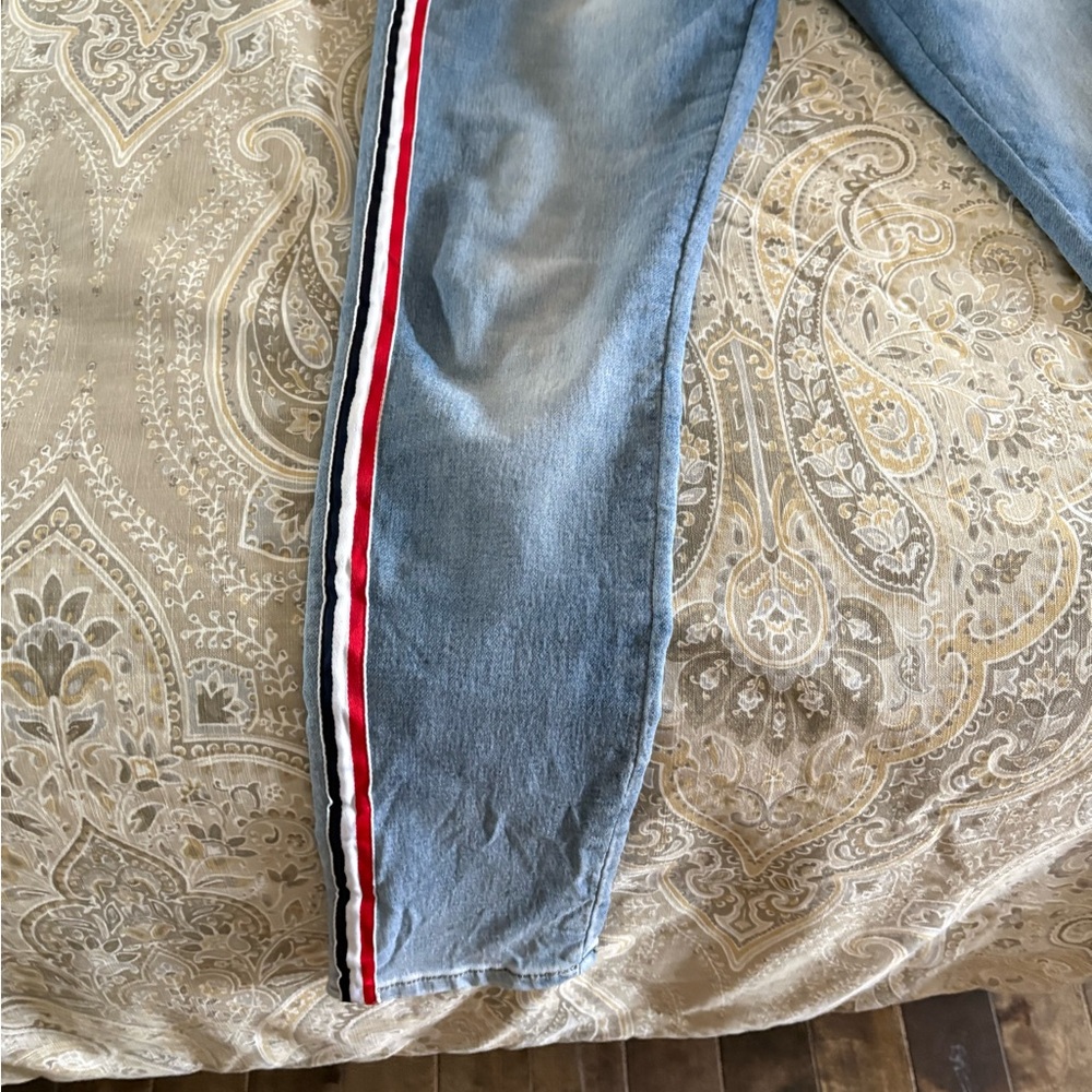 Light Wash Jeans with Red, White & Black Side Stripe